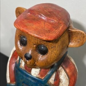 Hand Carved Wooden Bear Sculpture Door Stop Folk Art Patriotic Cabin Decor Vtg